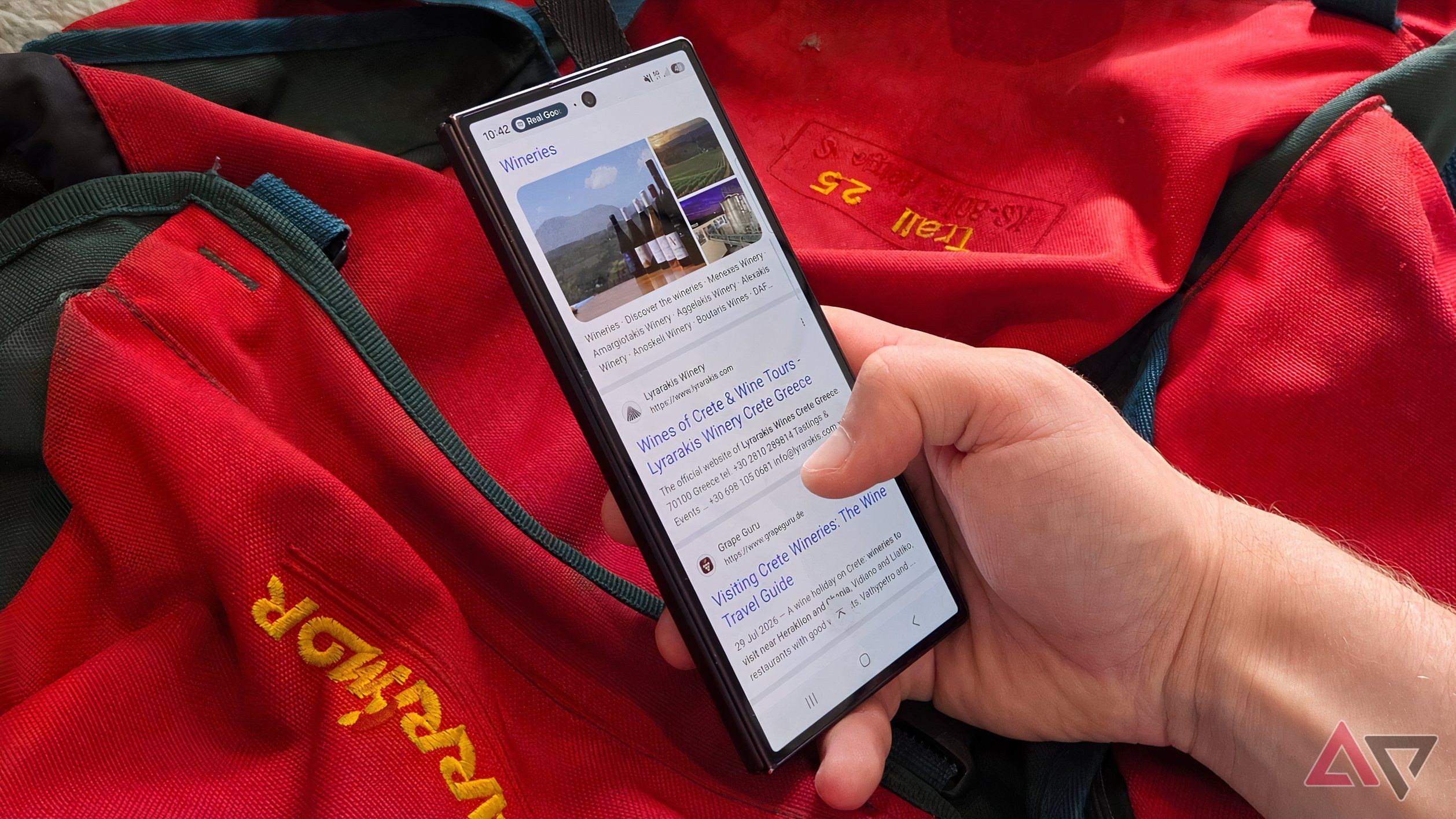 The Samsung Galaxy Z Fold 8 Ultra with a Google Search result for Crete Wineries.