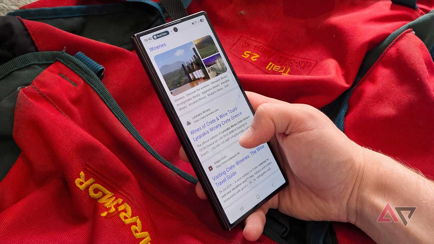 The Samsung Galaxy Z Fold 8 Ultra with a Google Search result for Crete Wineries.
