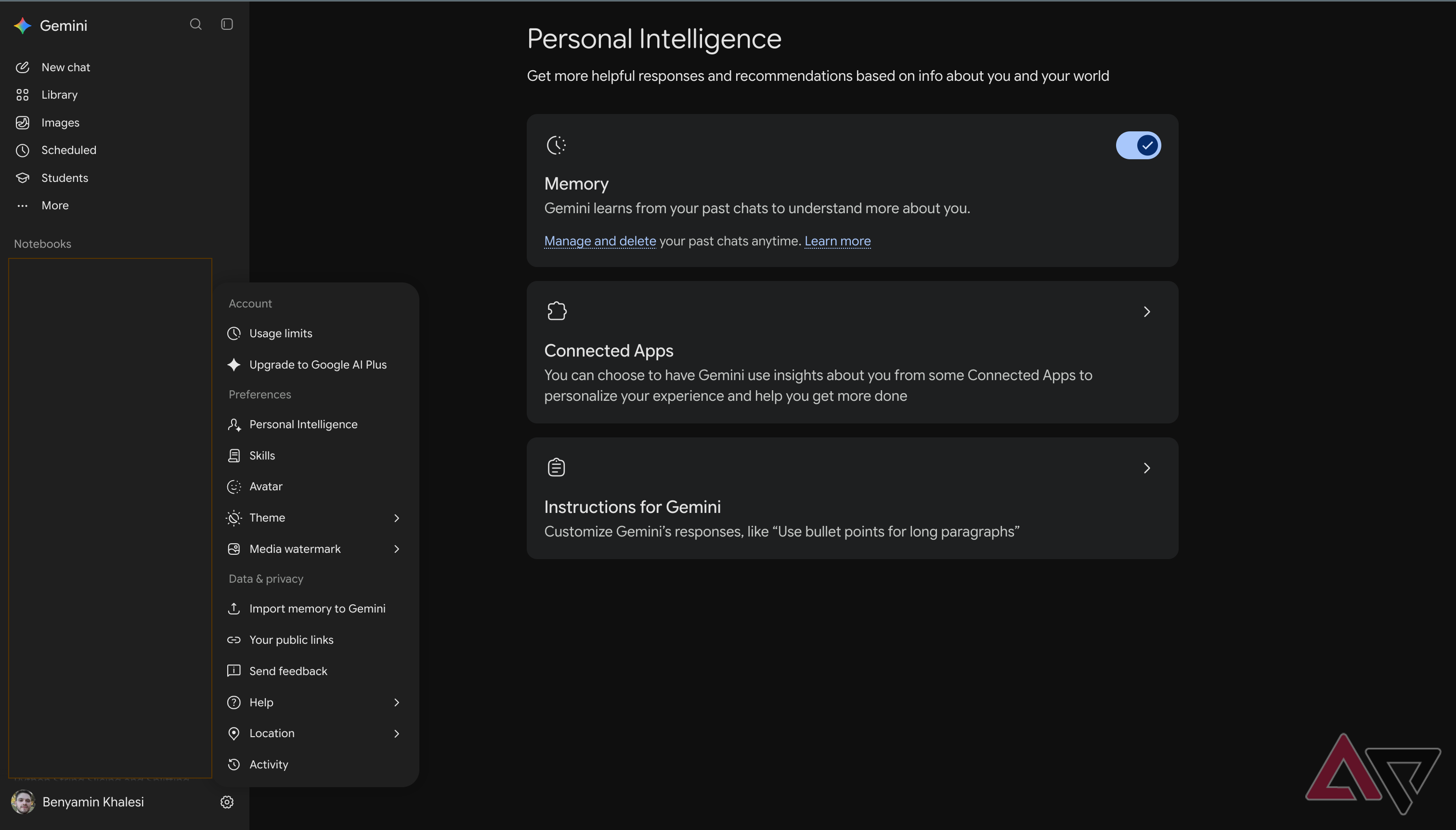 UI of Gemini for adding custom instructions