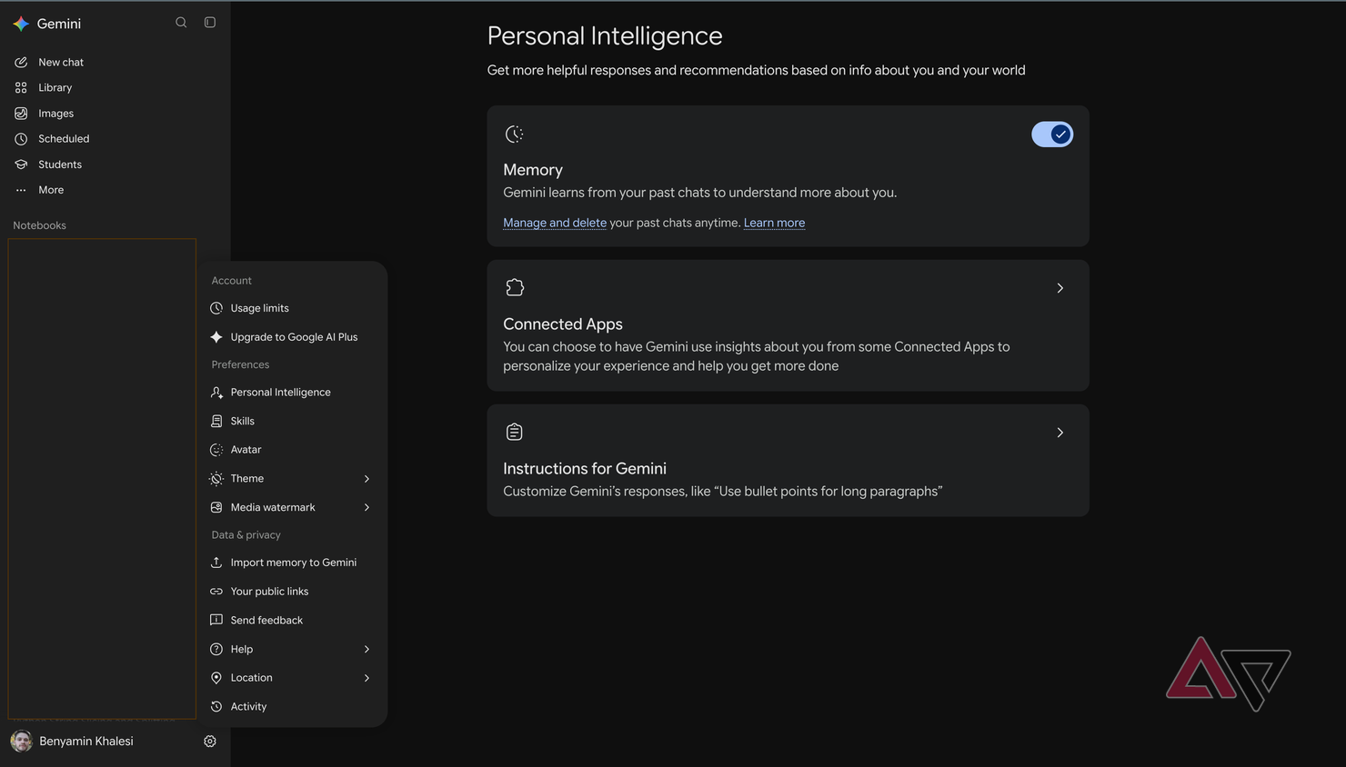 UI of Gemini for adding custom instructions