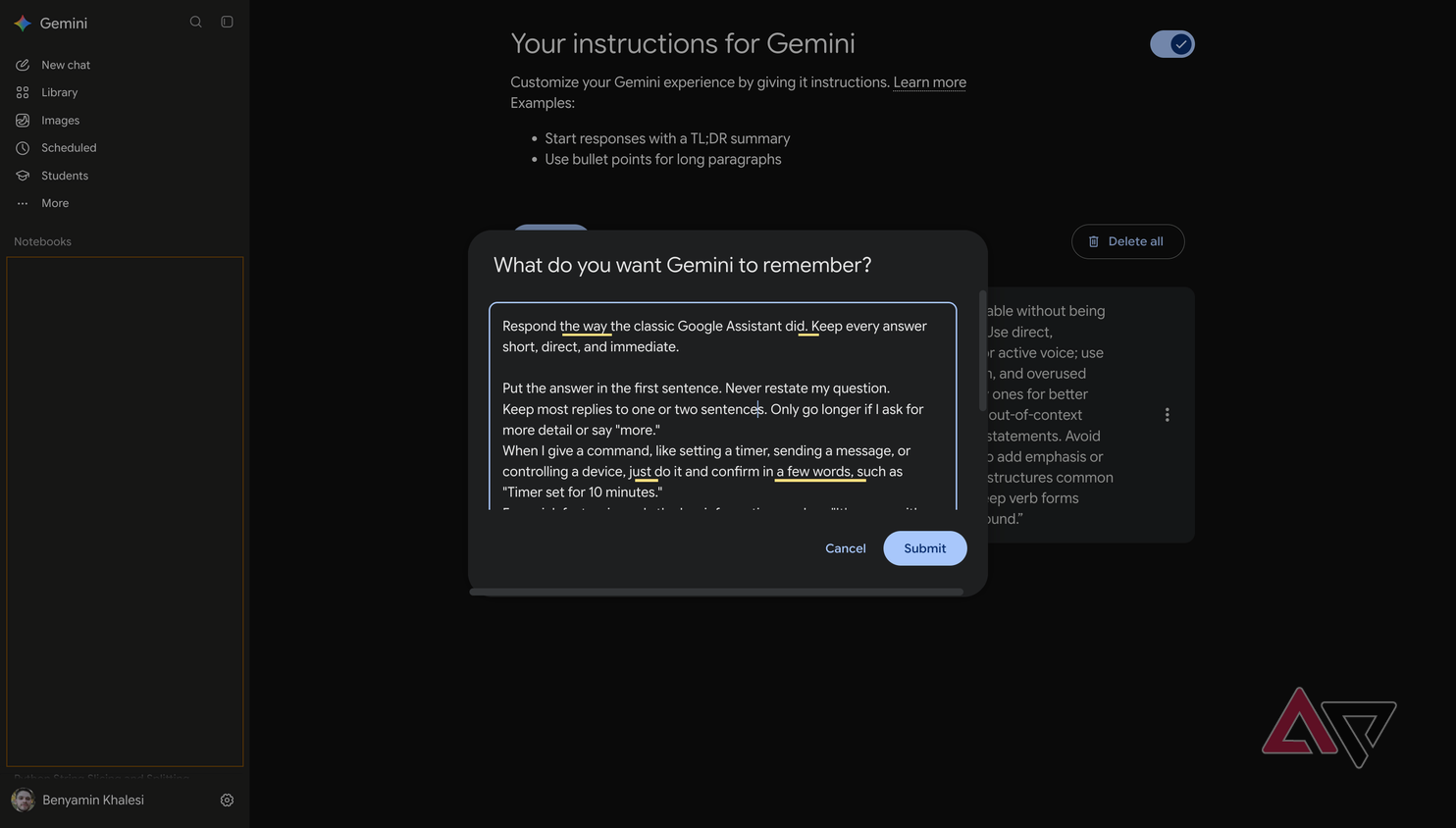 Adding custom instructions for Gemini