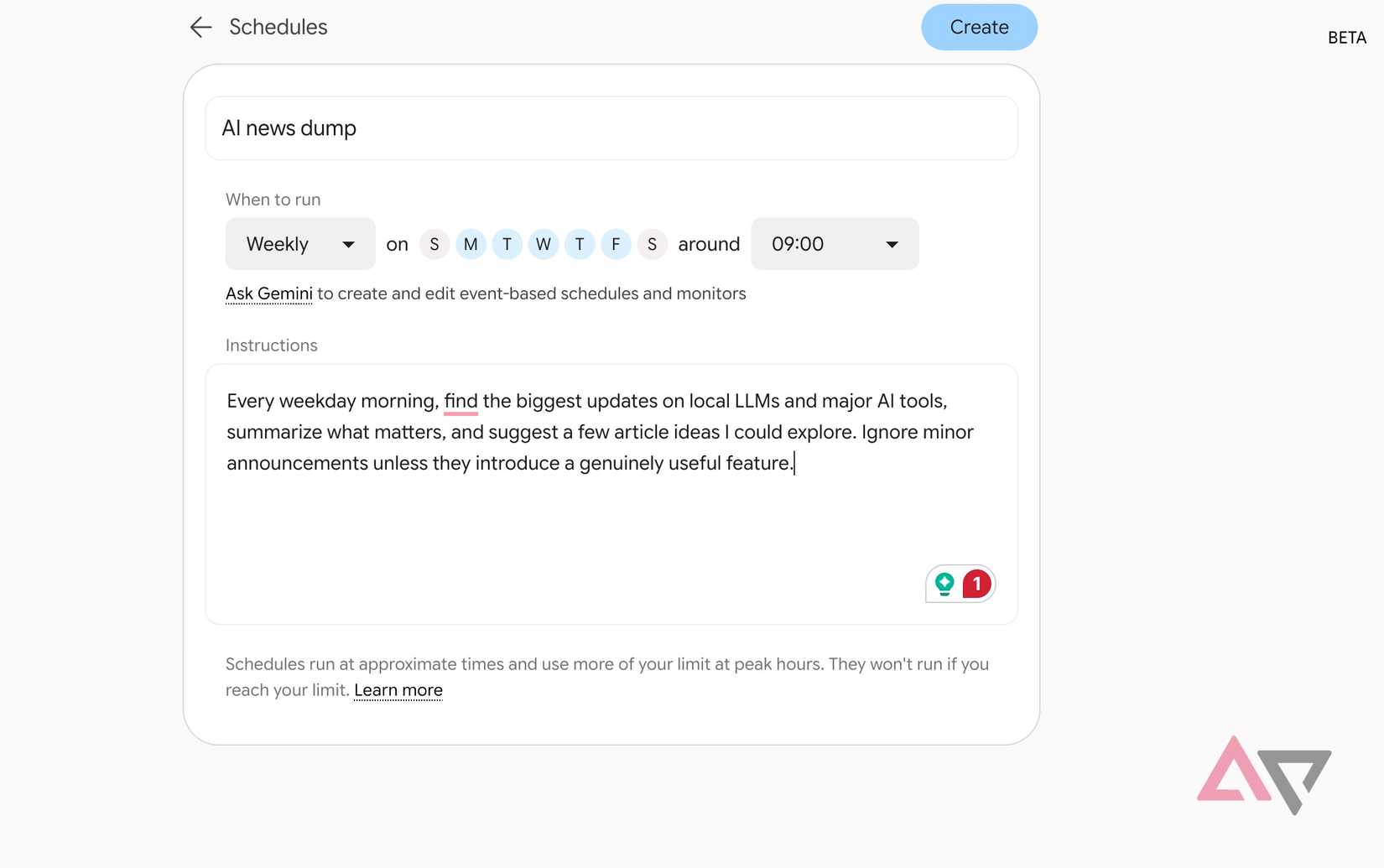 create a new schedule manually using Gemini Spark