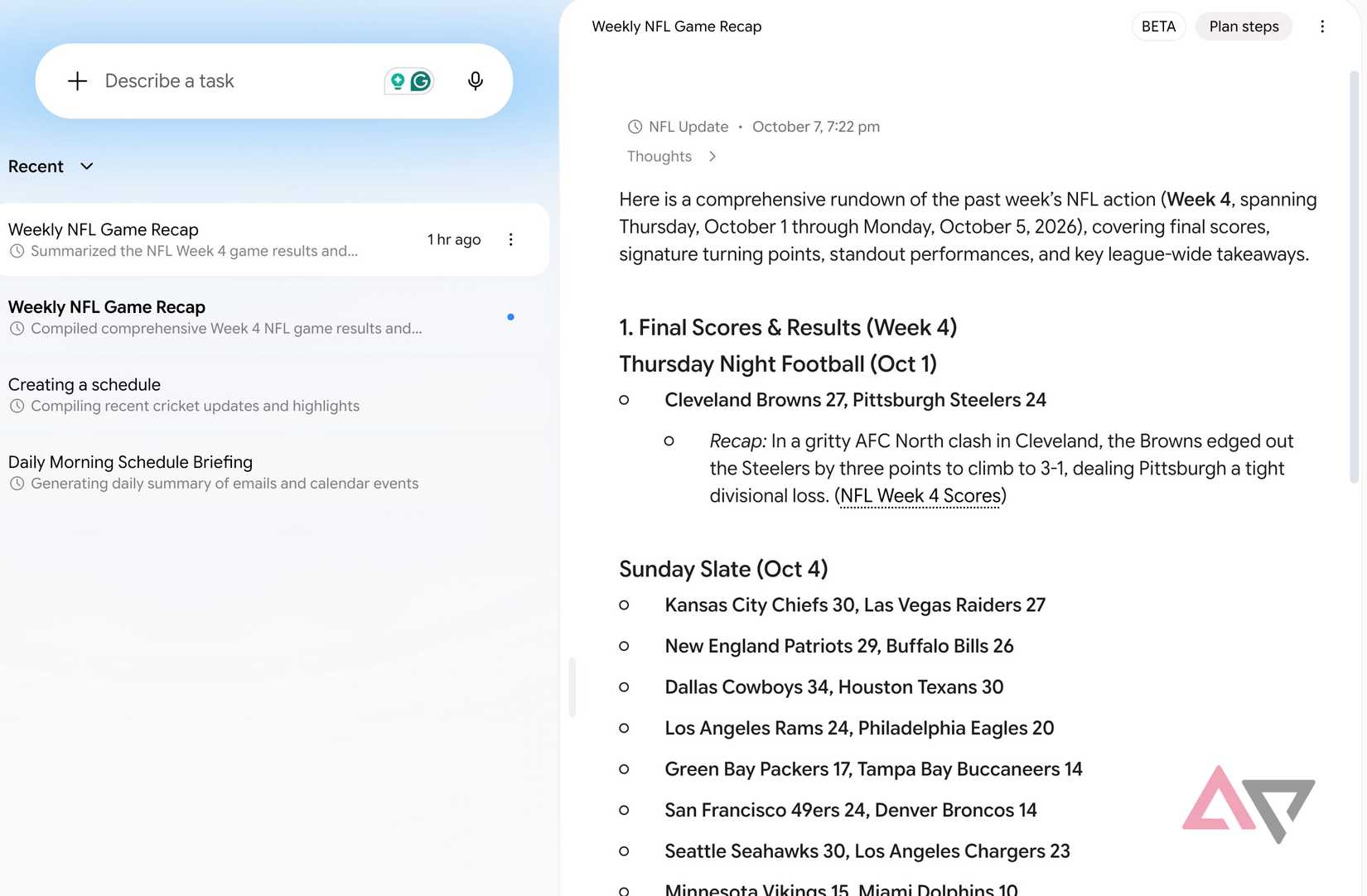 Get NFL details using Gemini Spark