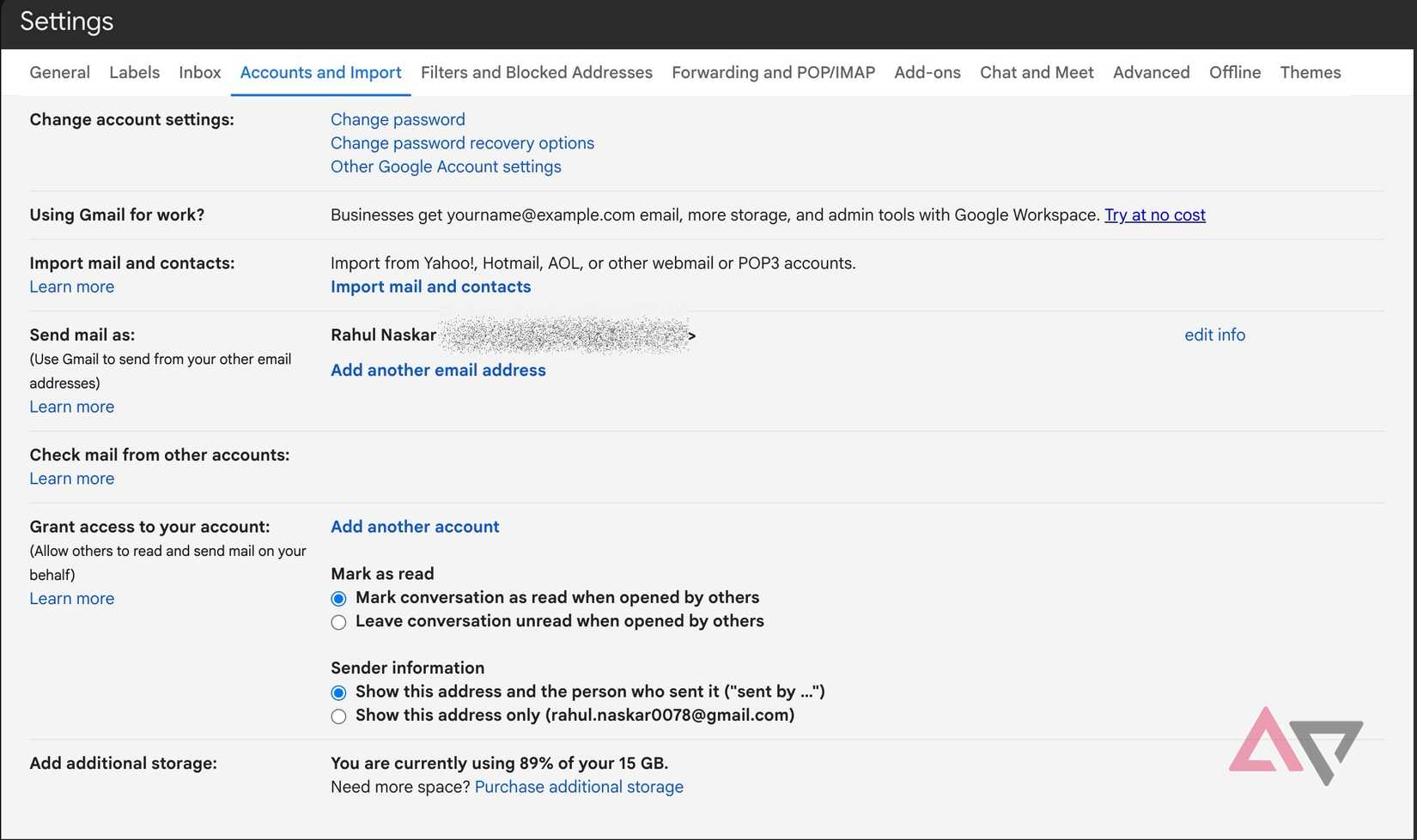 Screenshot showing Accounts and Import page in the Gmail Settings