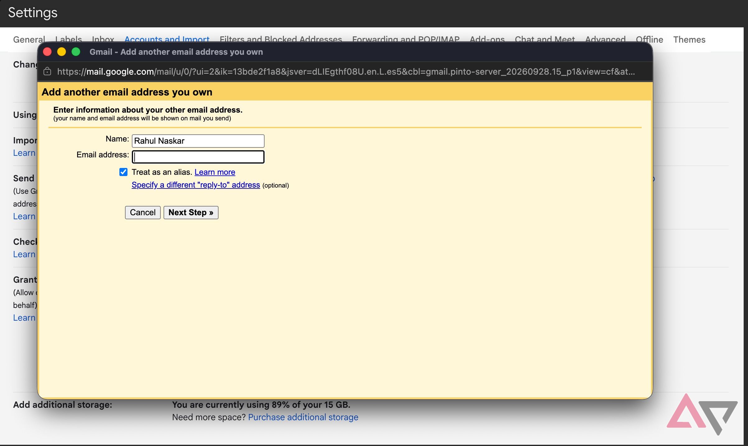 Screenshot showing add another email address in Gmail