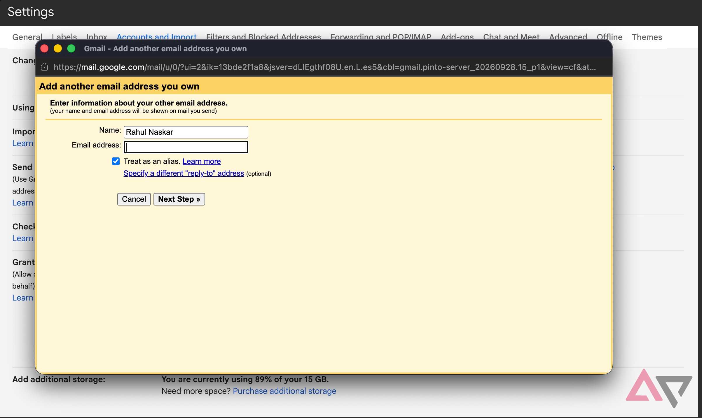 Screenshot showing add another email address in Gmail