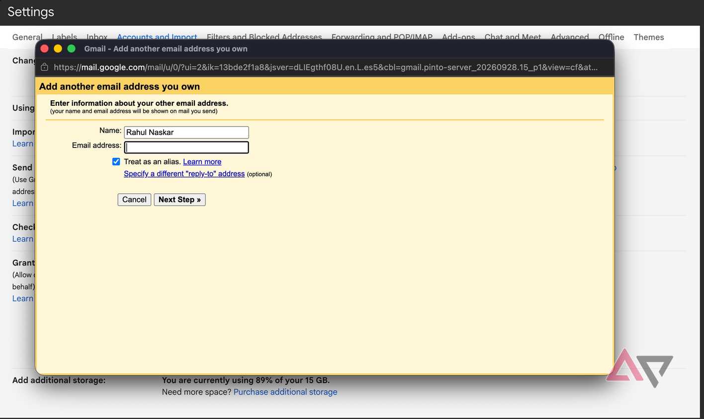 Screenshot showing add another email address in Gmail