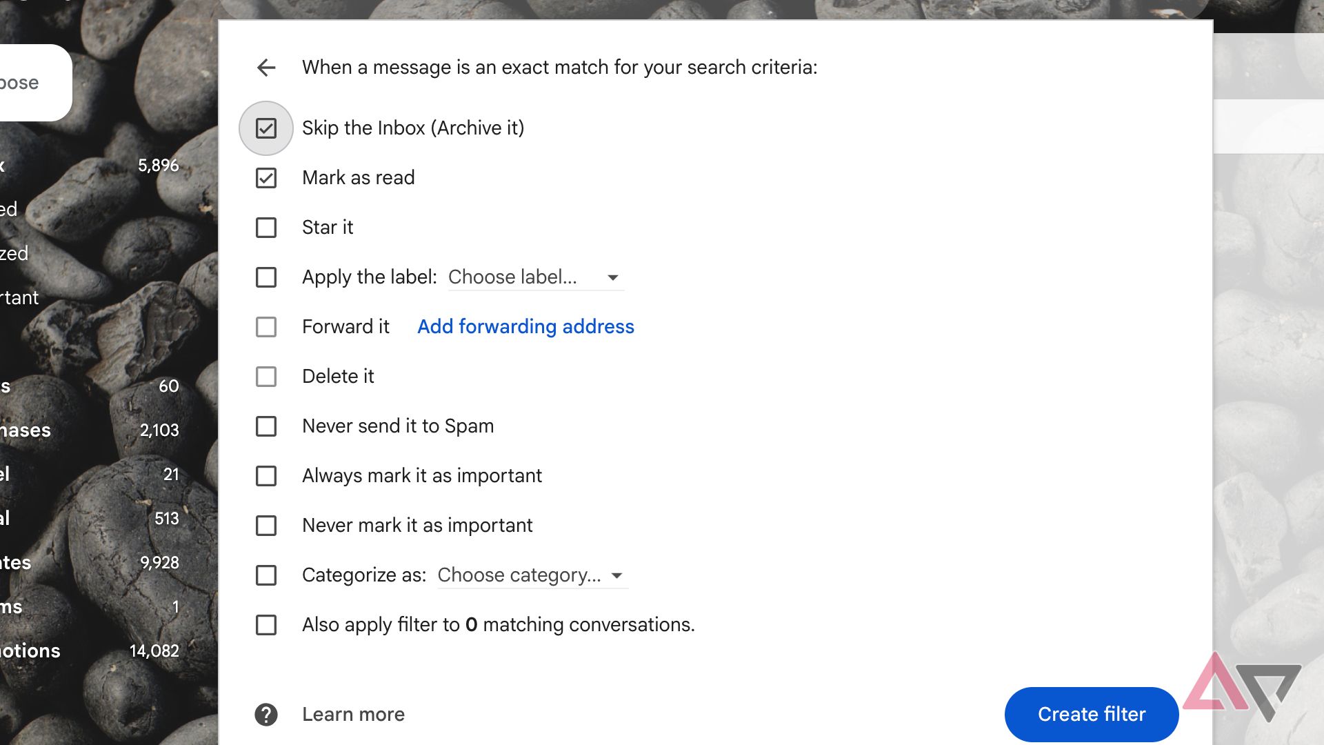 Filter actions for gmail for invoices and bills