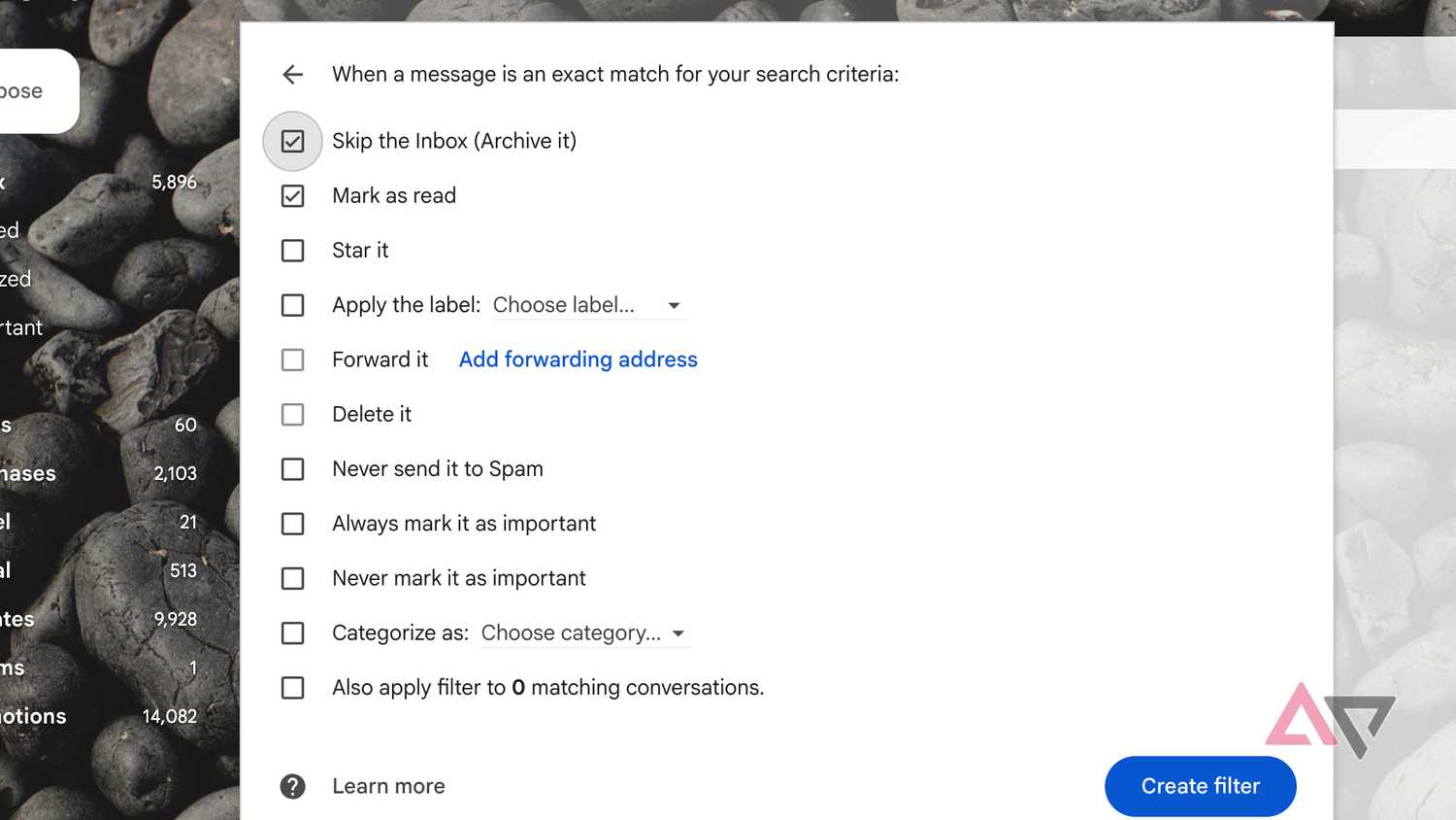 Filter actions for gmail for invoices and bills