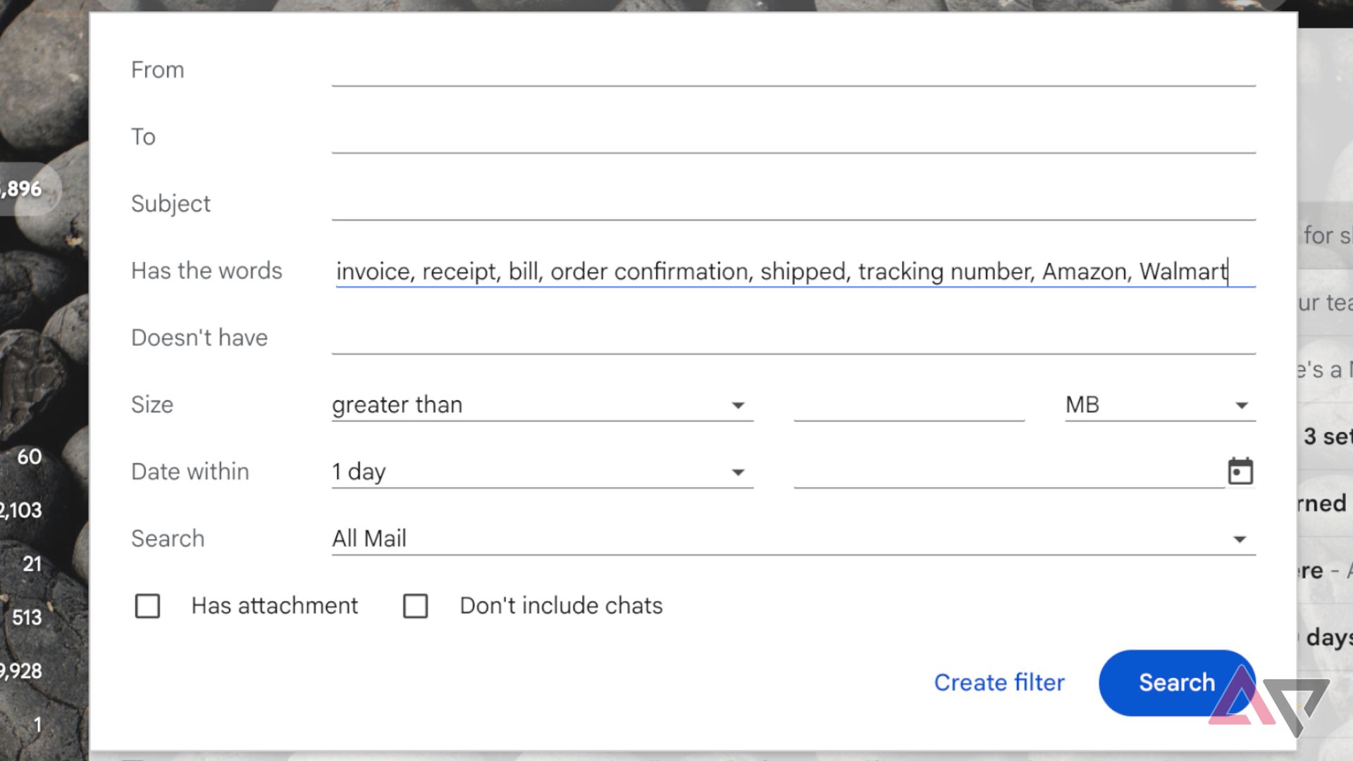 Gmail filter showing bills and invoices as a filter