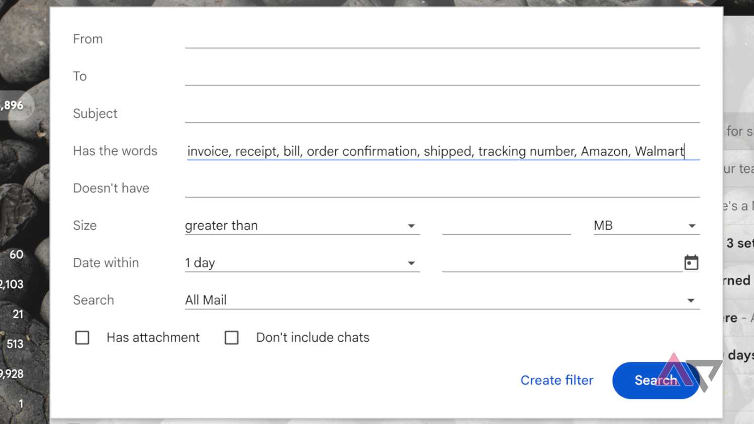 Gmail filter showing bills and invoices as a filter