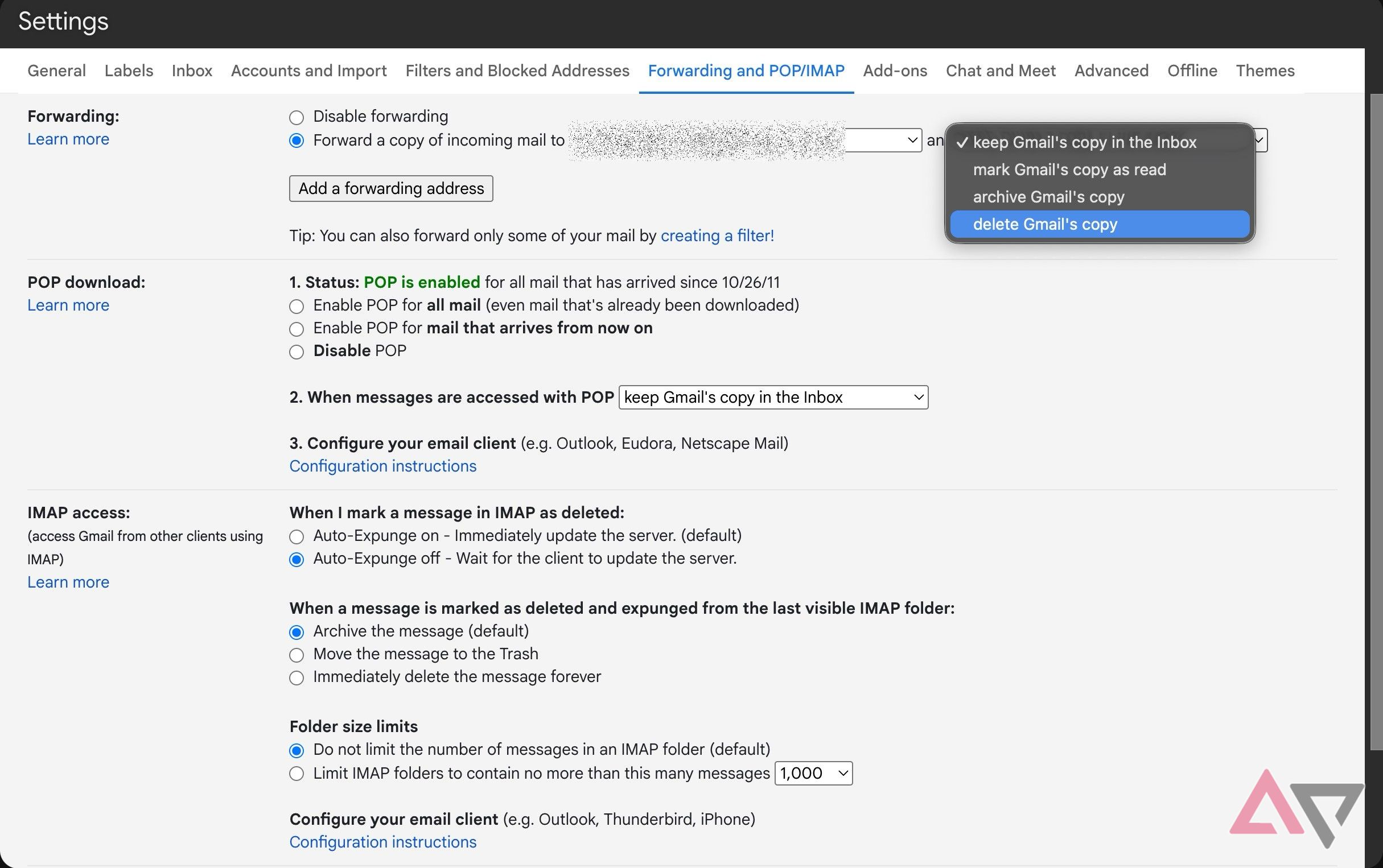 Screenshot showing how to forward a copy of incoming mail to another email