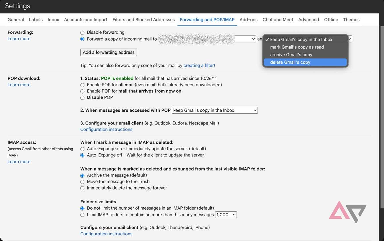 Screenshot showing how to forward a copy of incoming mail to another email