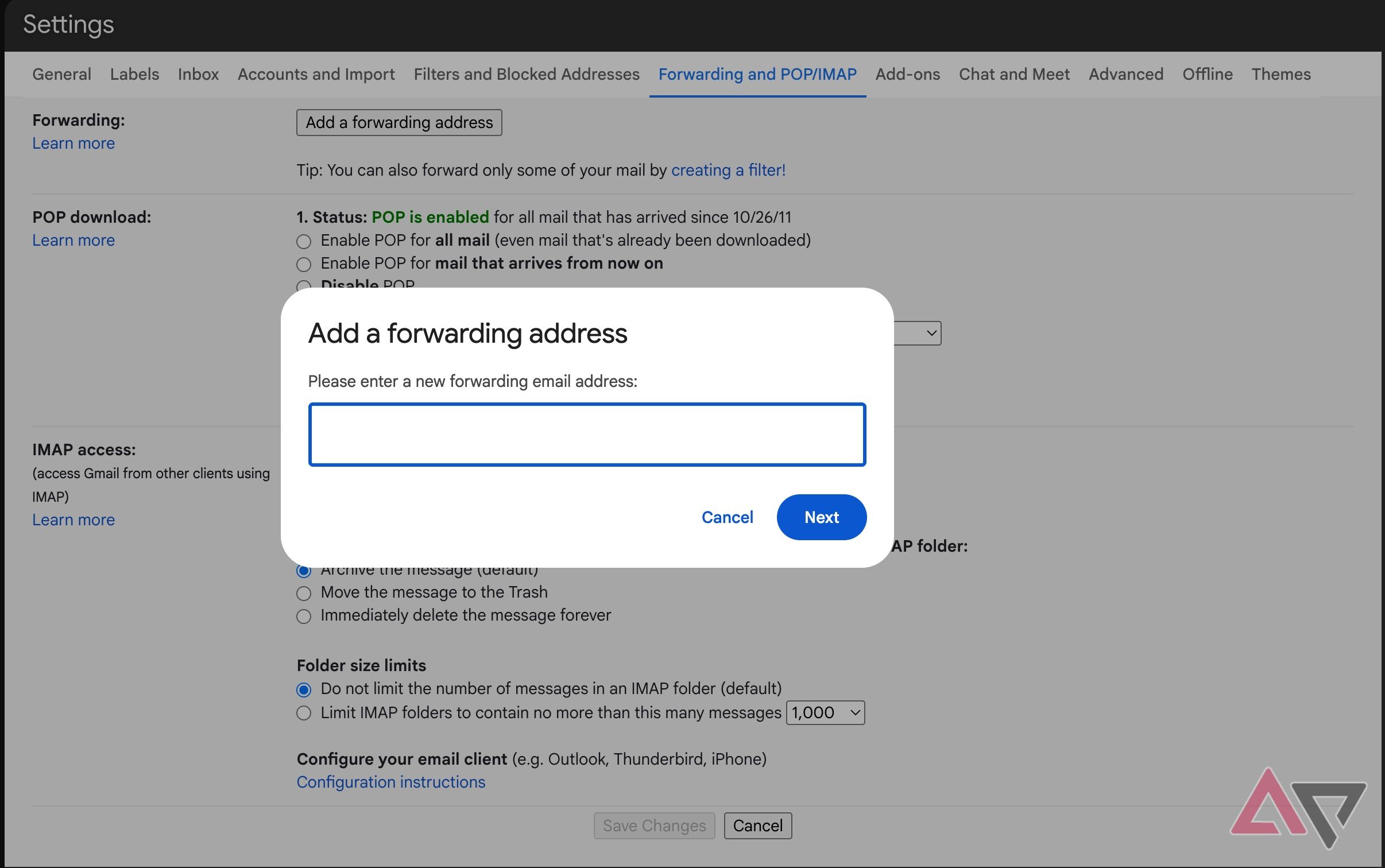 Screenshot showing the Add a forwarding address option