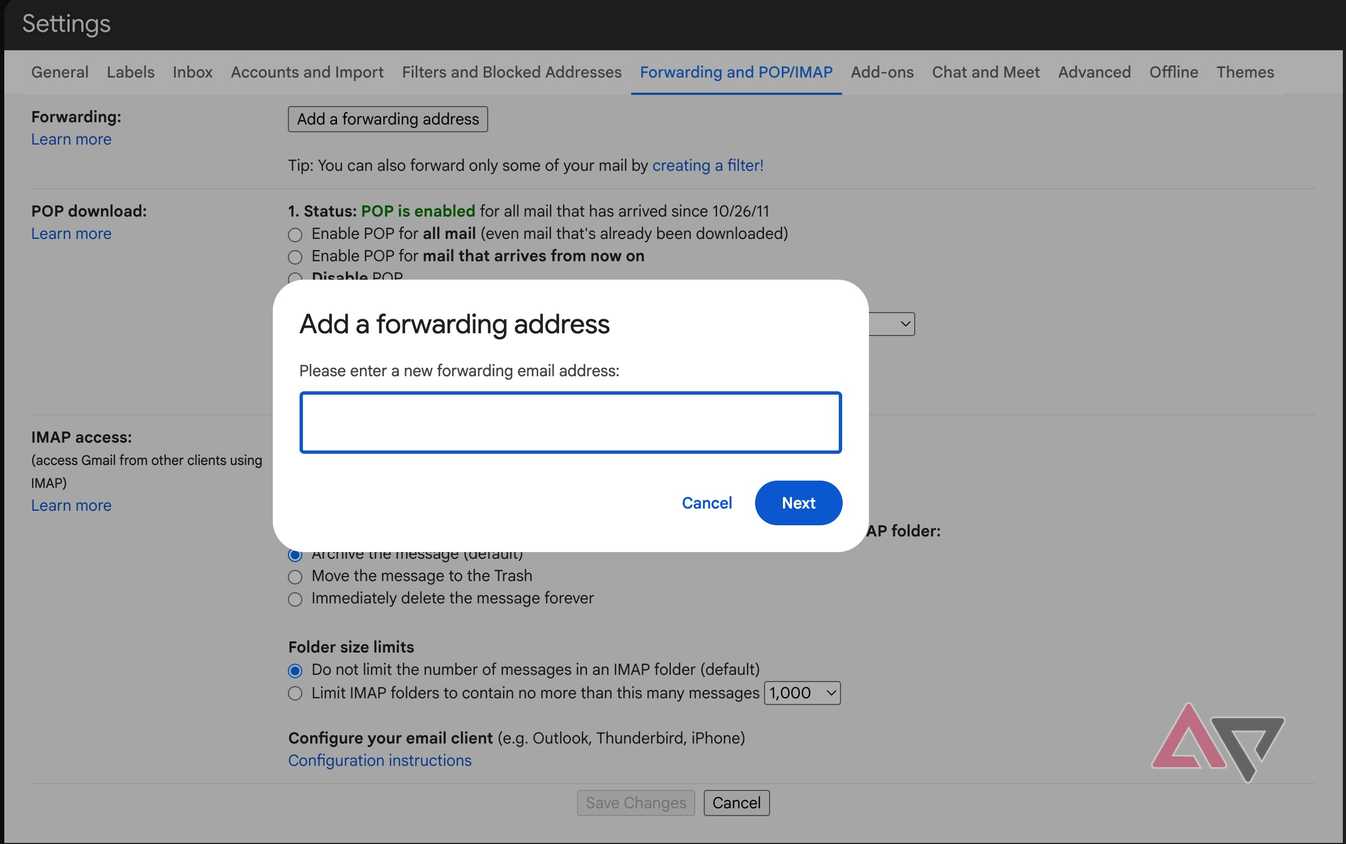 Screenshot showing the Add a forwarding address option