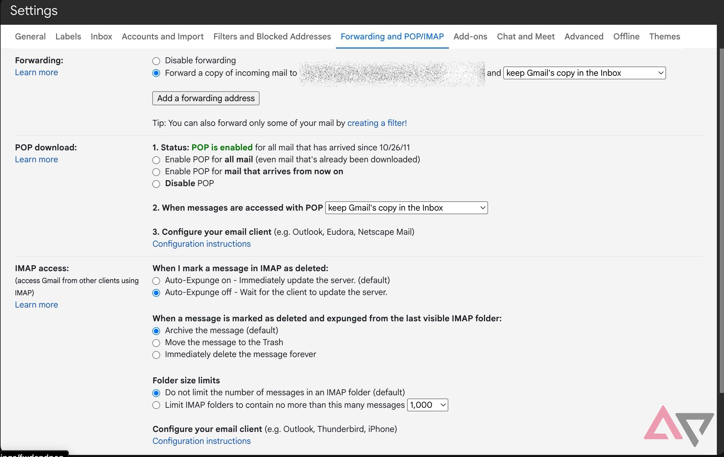 Screenshot showing the Forward a copy of incoming mail to option in Gmail Settings