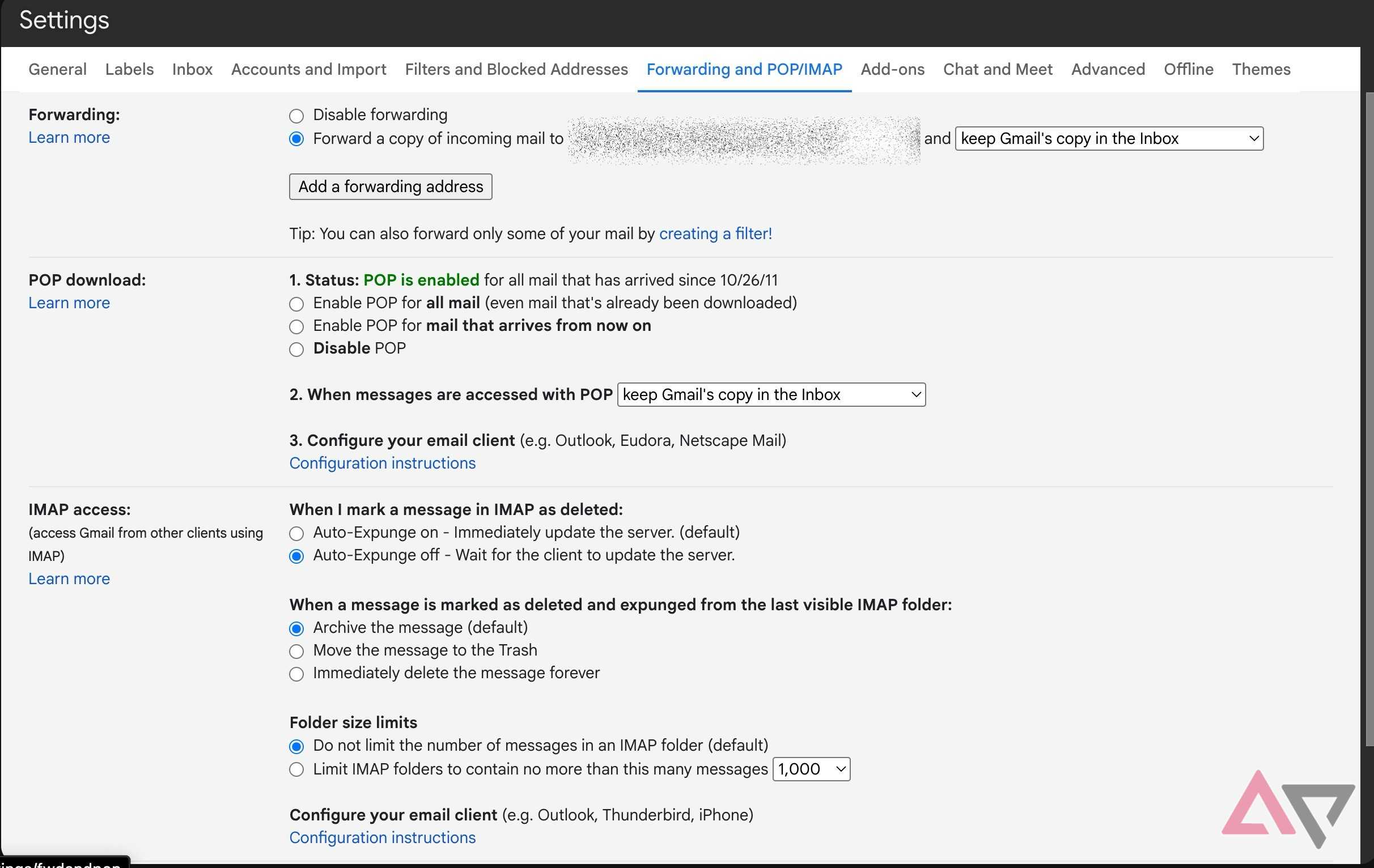 Screenshot showing the Forward a copy of incoming mail to option in Gmail Settings