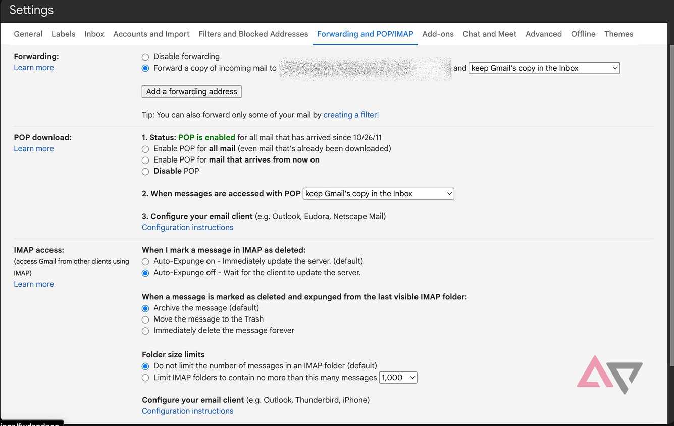 Screenshot showing the Forward a copy of incoming mail to option in Gmail Settings