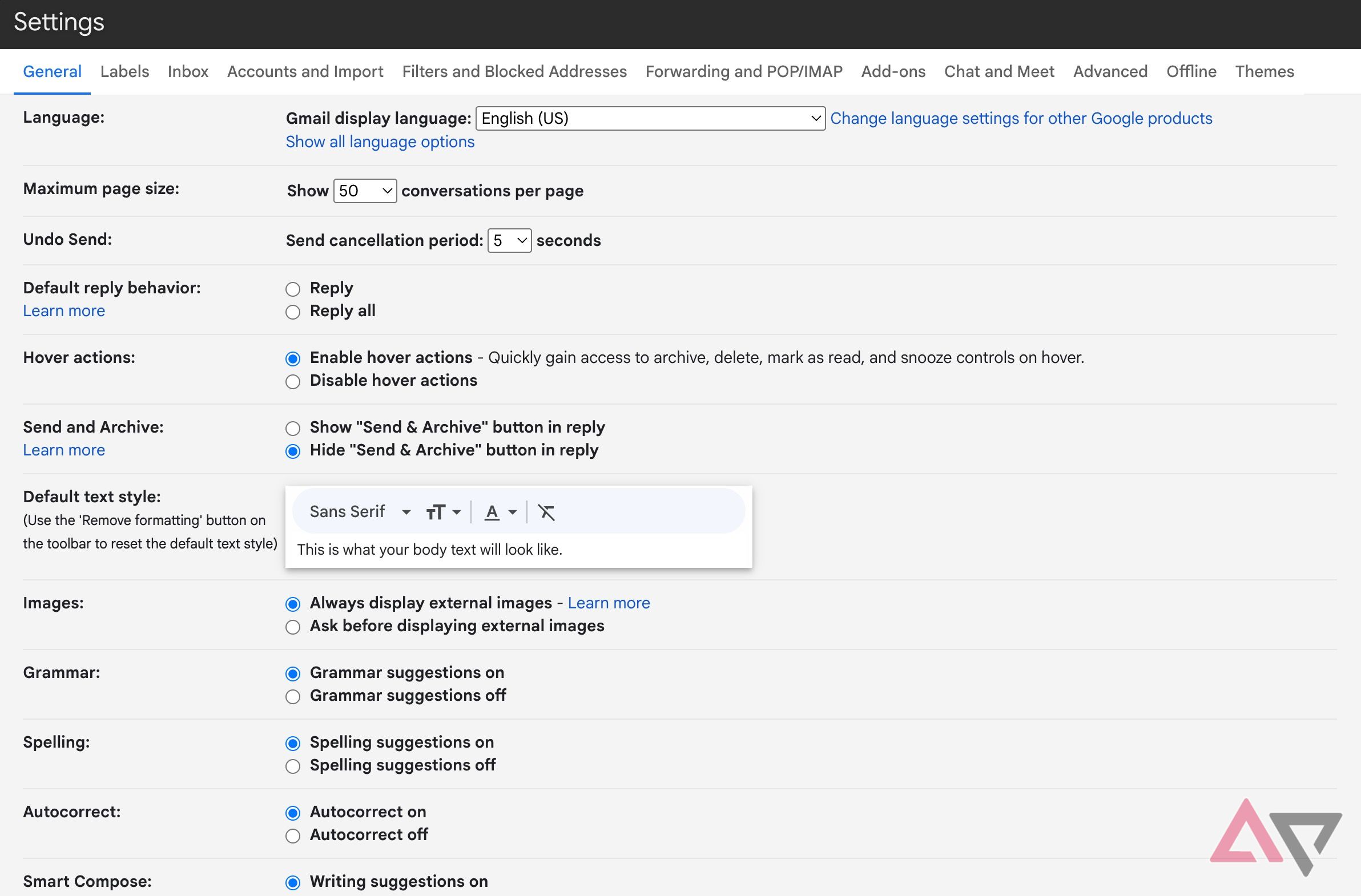 Screenshot showing the General page in Gmail settings