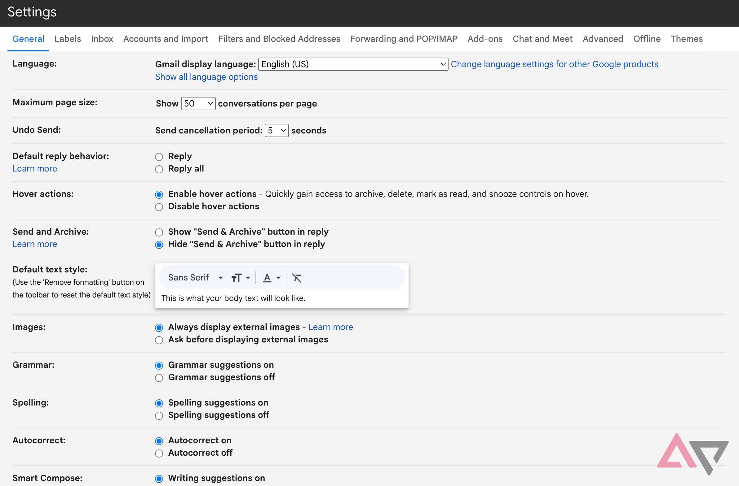 Screenshot showing the General page in Gmail settings
