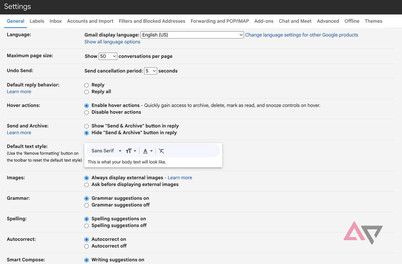Screenshot showing the General page in Gmail settings