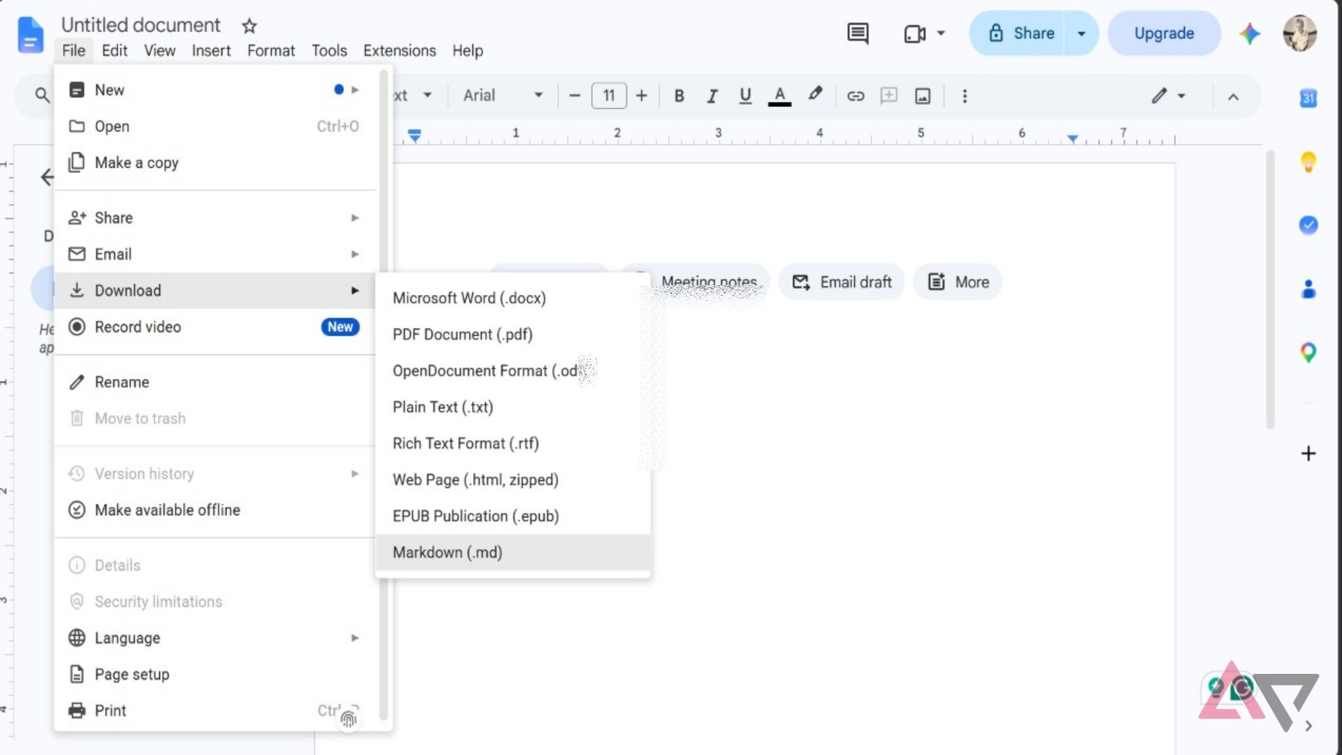 Screenshot showing the Markdown option in Google Docs
