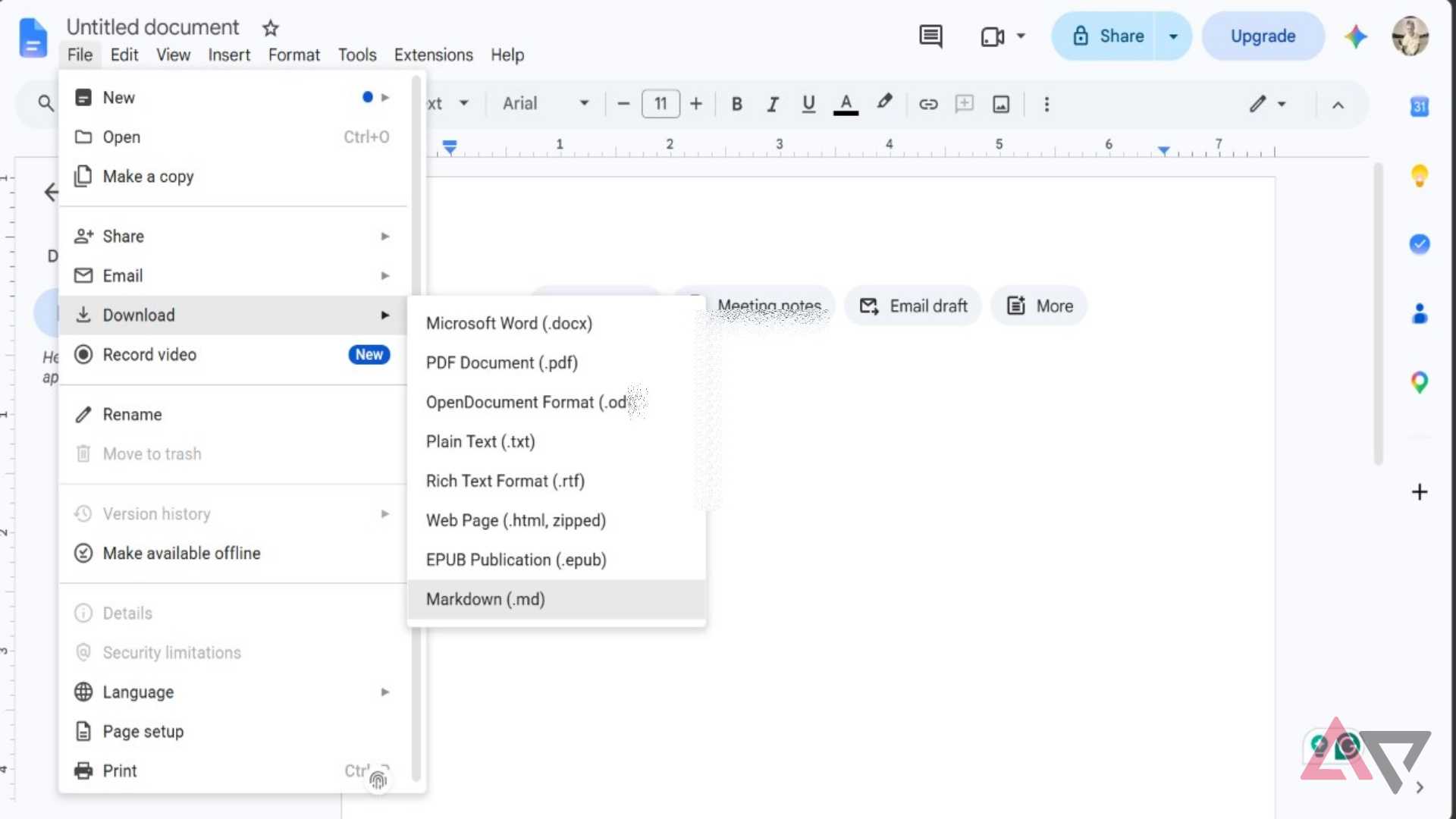 Screenshot showing the Markdown option in Google Docs