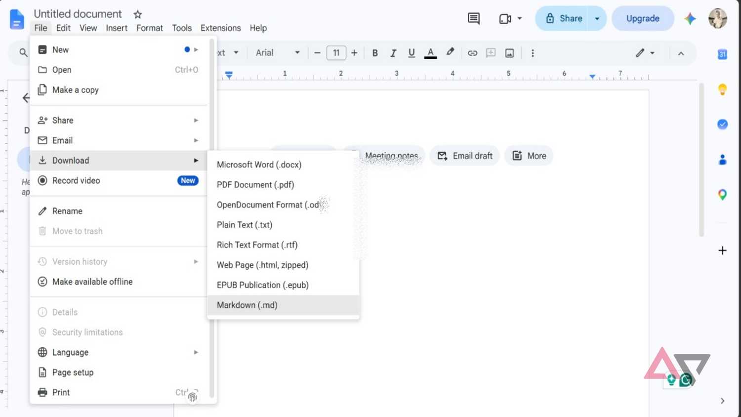 Screenshot showing the Markdown option in Google Docs