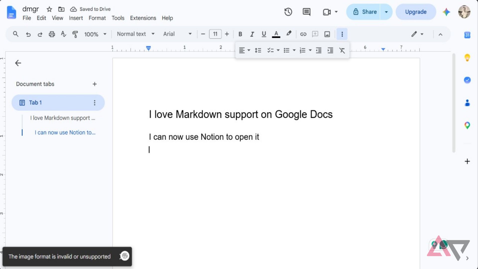 Screenshot showing Markdown file support in action in Google Docs