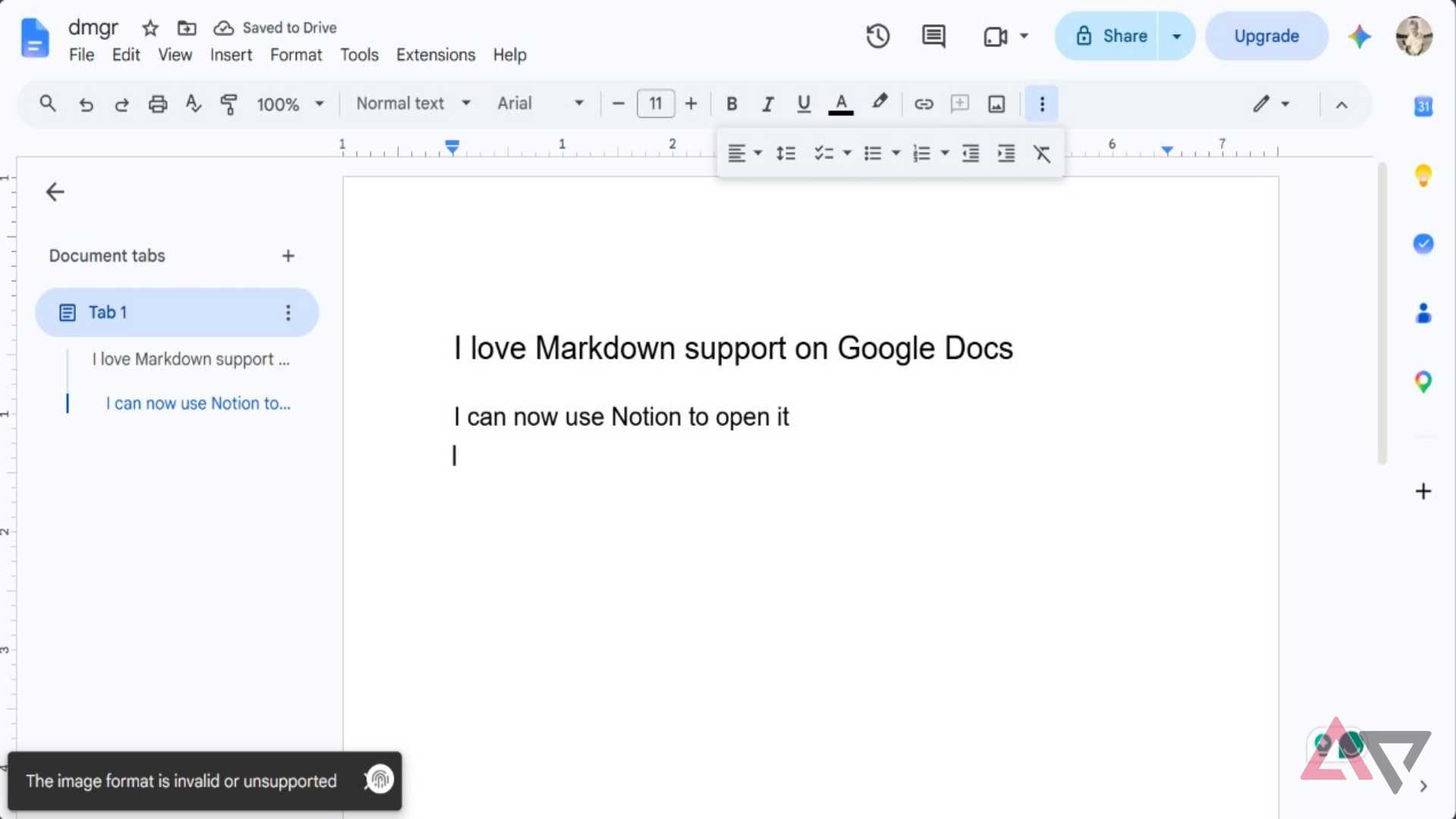 Screenshot showing Markdown file support in action in Google Docs