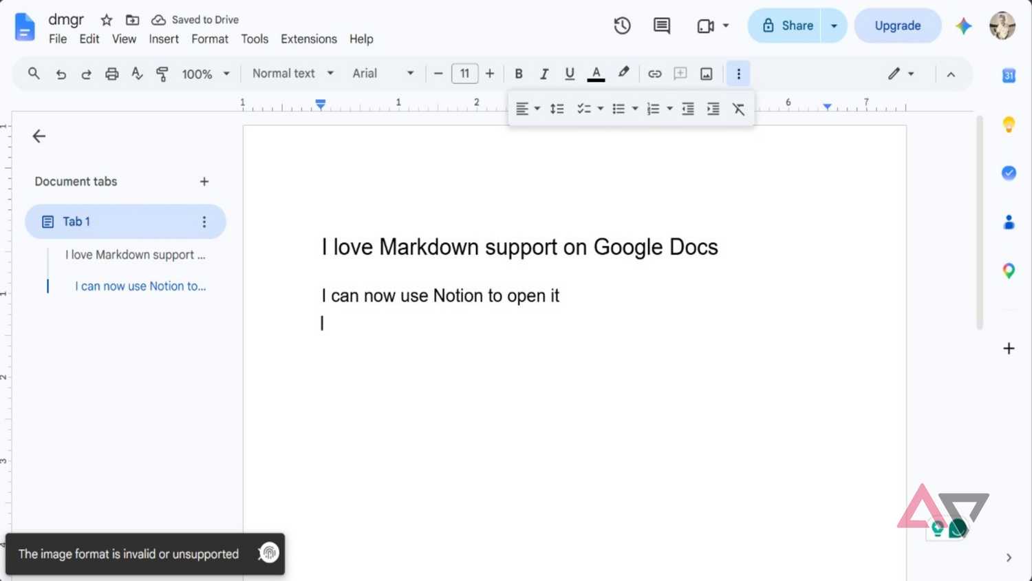 Screenshot showing Markdown file support in action in Google Docs
