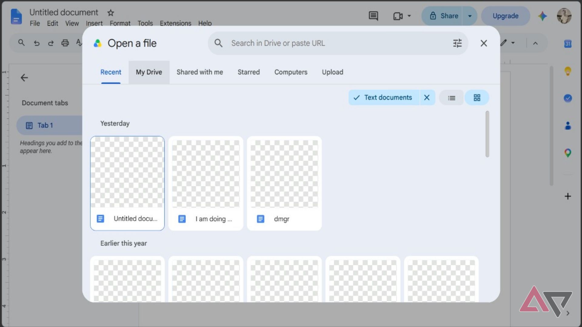 Screenshot showing how to open a file in Google Docs