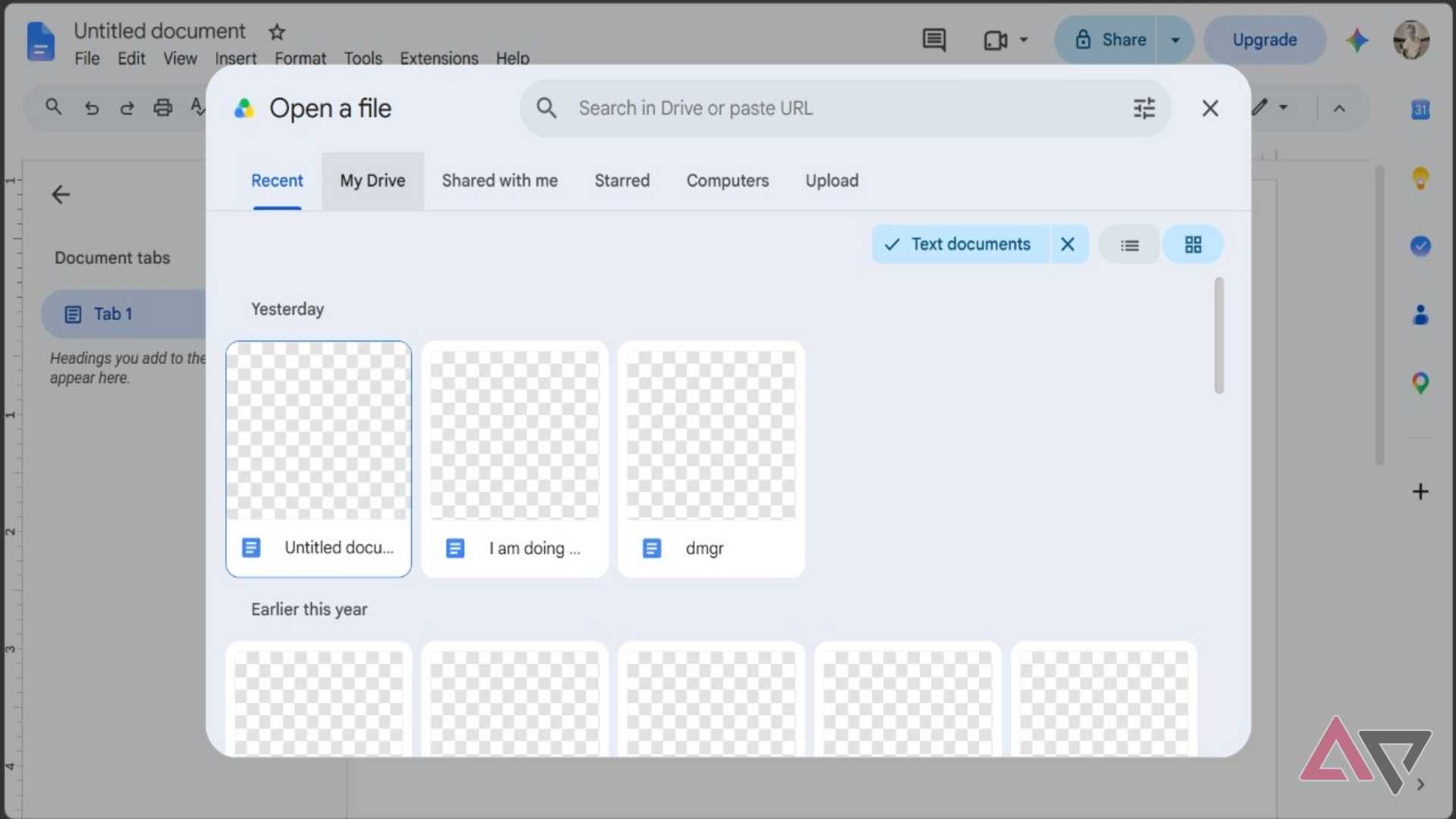 Screenshot showing how to open a file in Google Docs