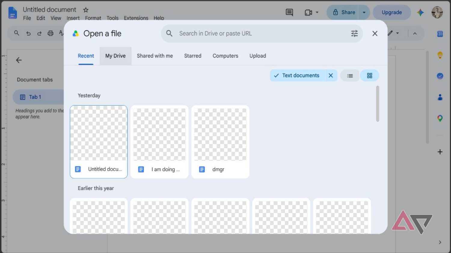 Screenshot showing how to open a file in Google Docs