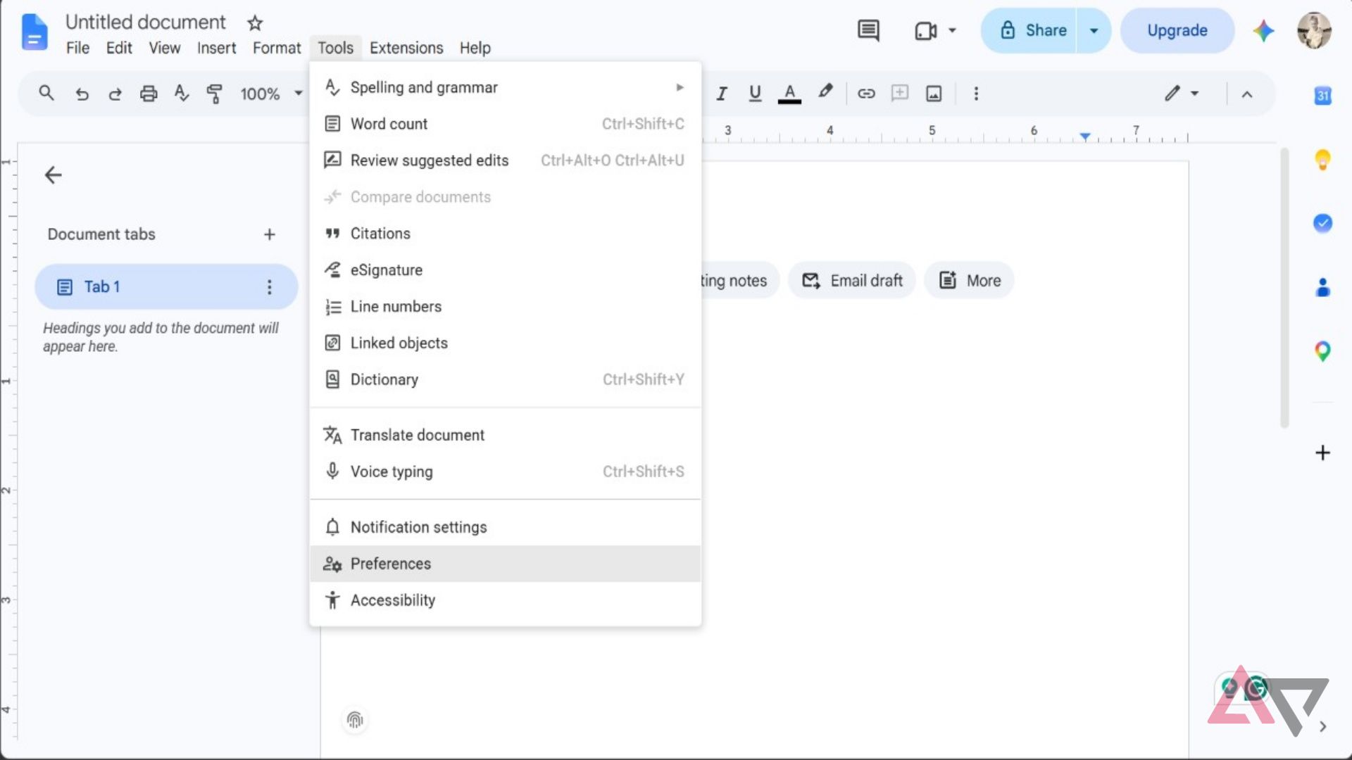 Screenshot showing Preferences in Google Docs