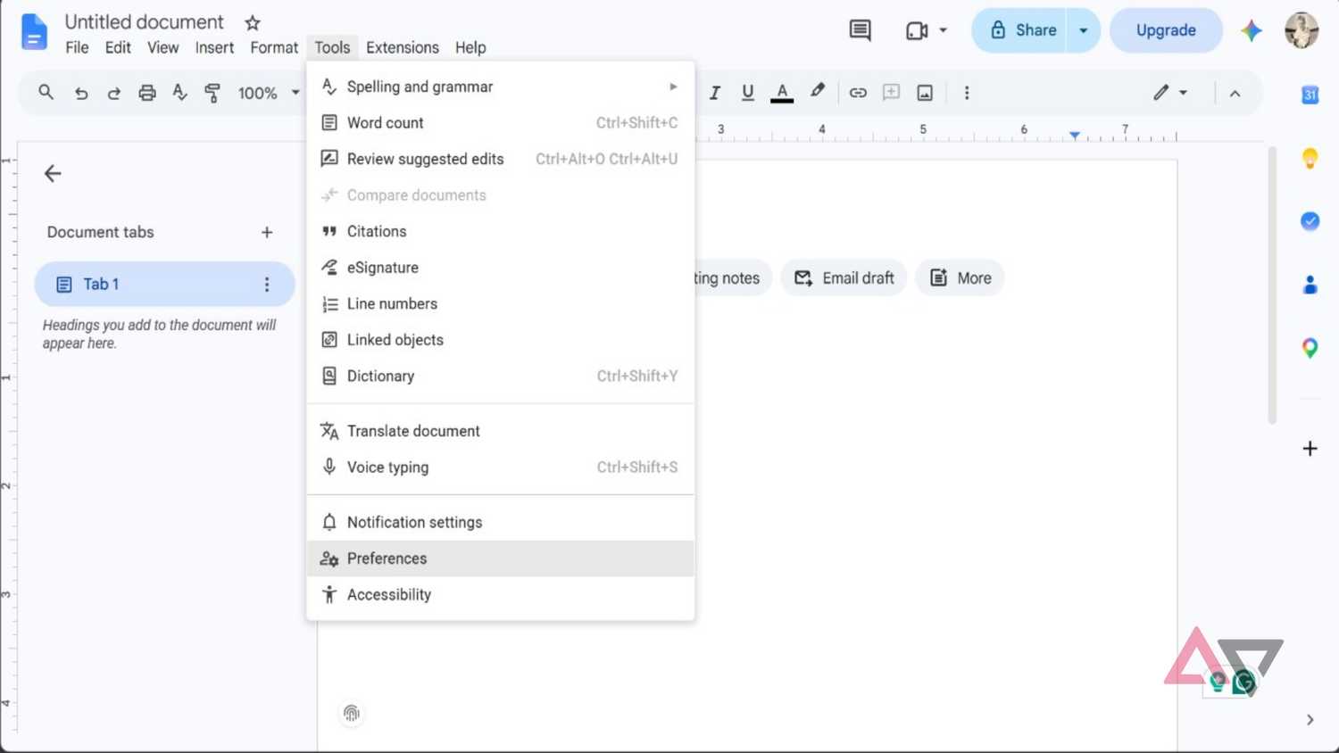 Screenshot showing Preferences in Google Docs