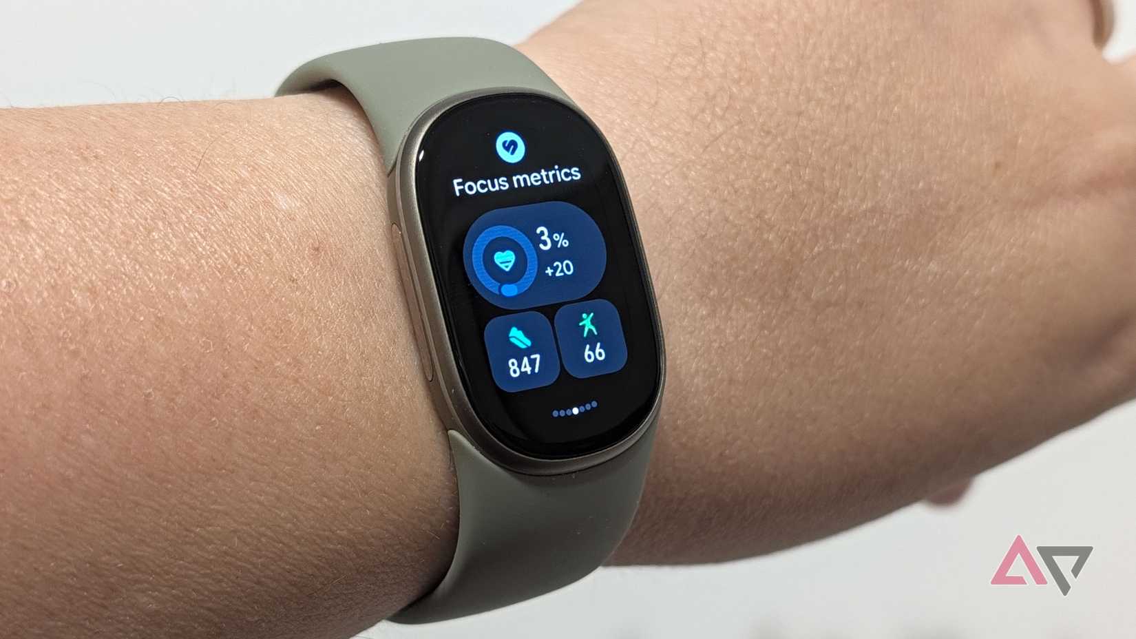 Google Fitbit Edge on a wrist showing Focus Metrics screen
