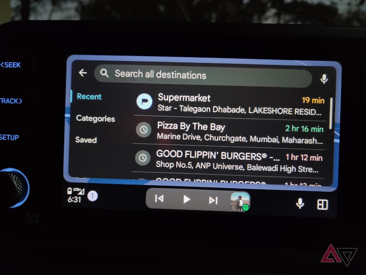 Google Maps in Android Auto showing Recent places