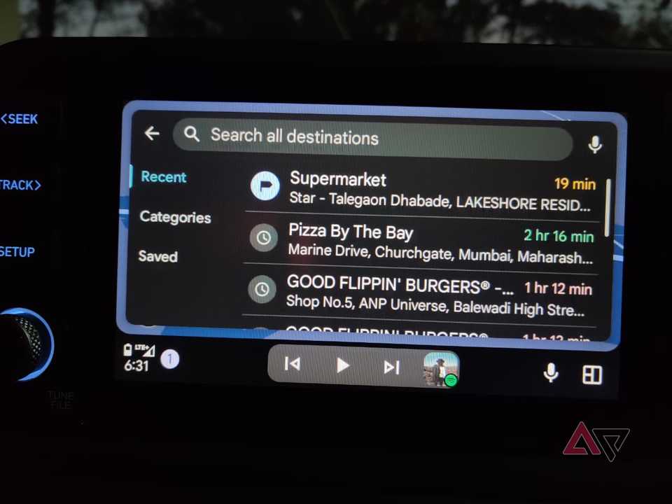 Google Maps in Android Auto showing Recent places