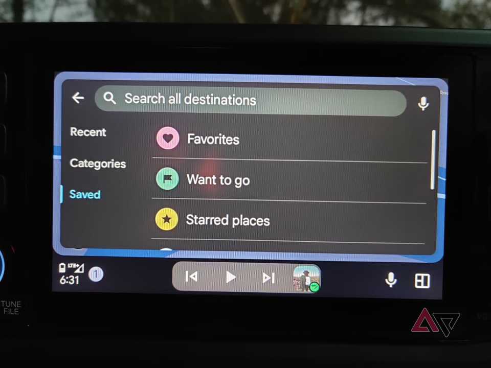 Google Maps in Android Auto showing Saved places