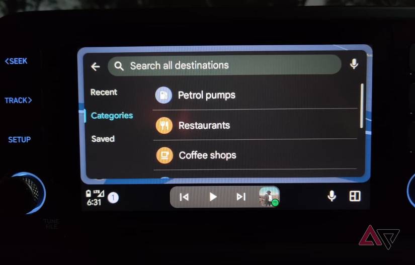 Google Maps in Android Auto showing Categories