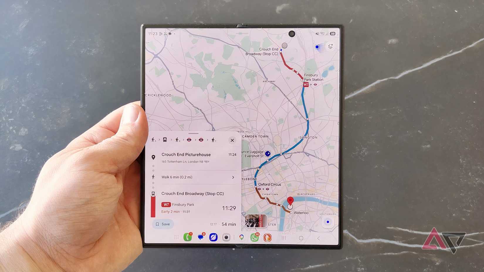 A Samsung Galaxy Z Fold 8 Ultra on Google Maps, showing a route through London.
