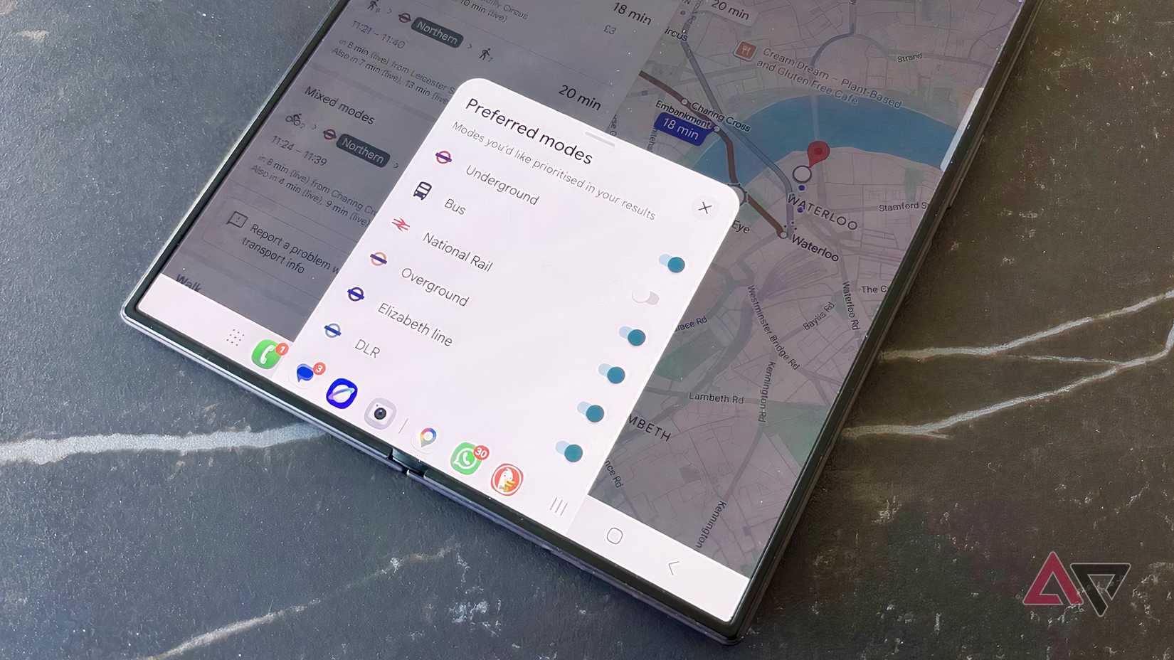 A Samsung Galaxy Z Fold 8 Ultra on Google Maps, showing the Preferred modes list.