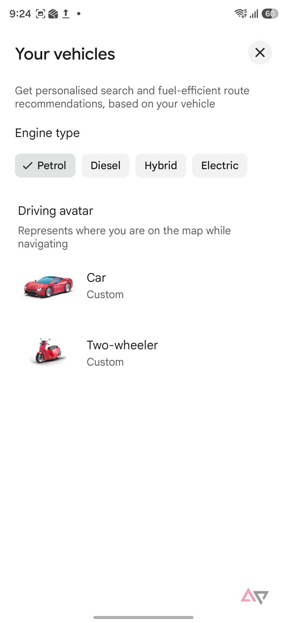 select vehicle type in Google Maps