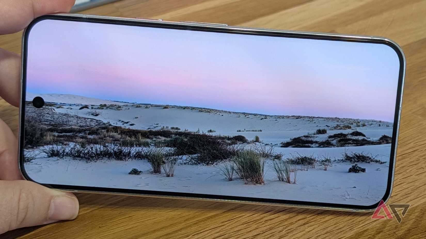A photo of a purple hour beach landscape shown on a Google Pixel 11 Pro XL