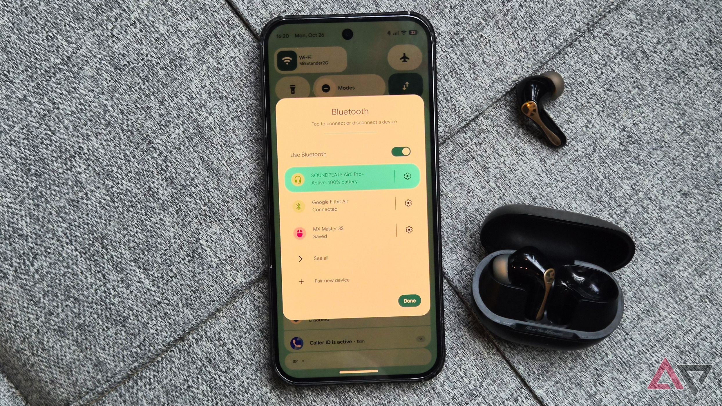 Google Pixel 9 Pro XL smartphone with Soundpeats Air5 Pro+ wireless earbuds headphones