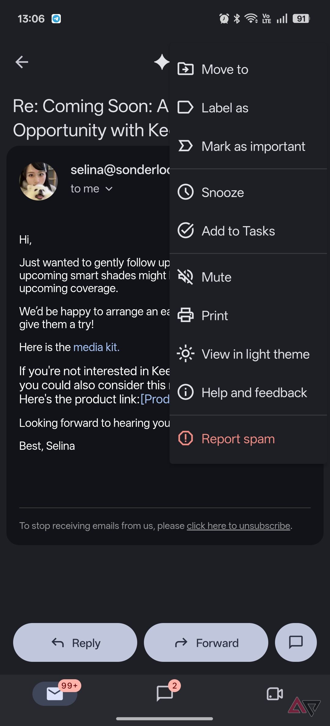 Google Tasks add email to task