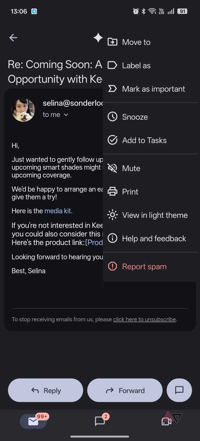Google Tasks add email to task