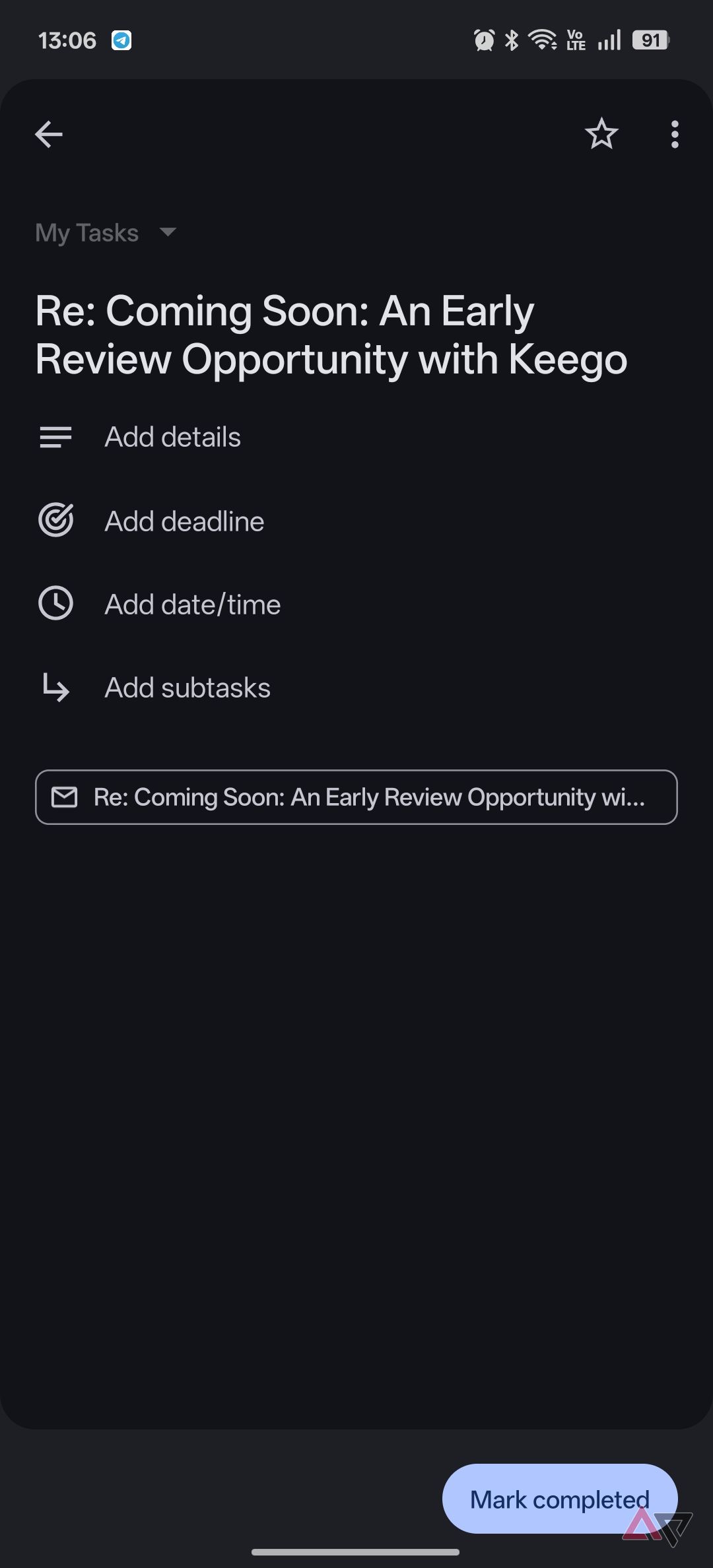 Google Tasks email based task