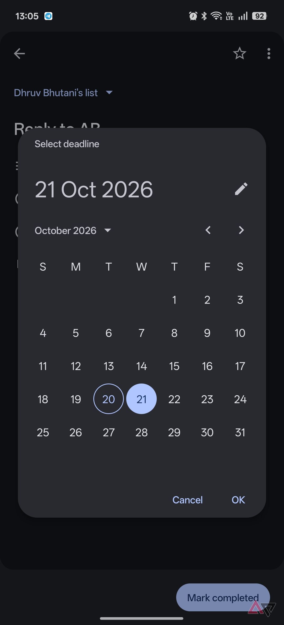 Google Tasks setting deadline